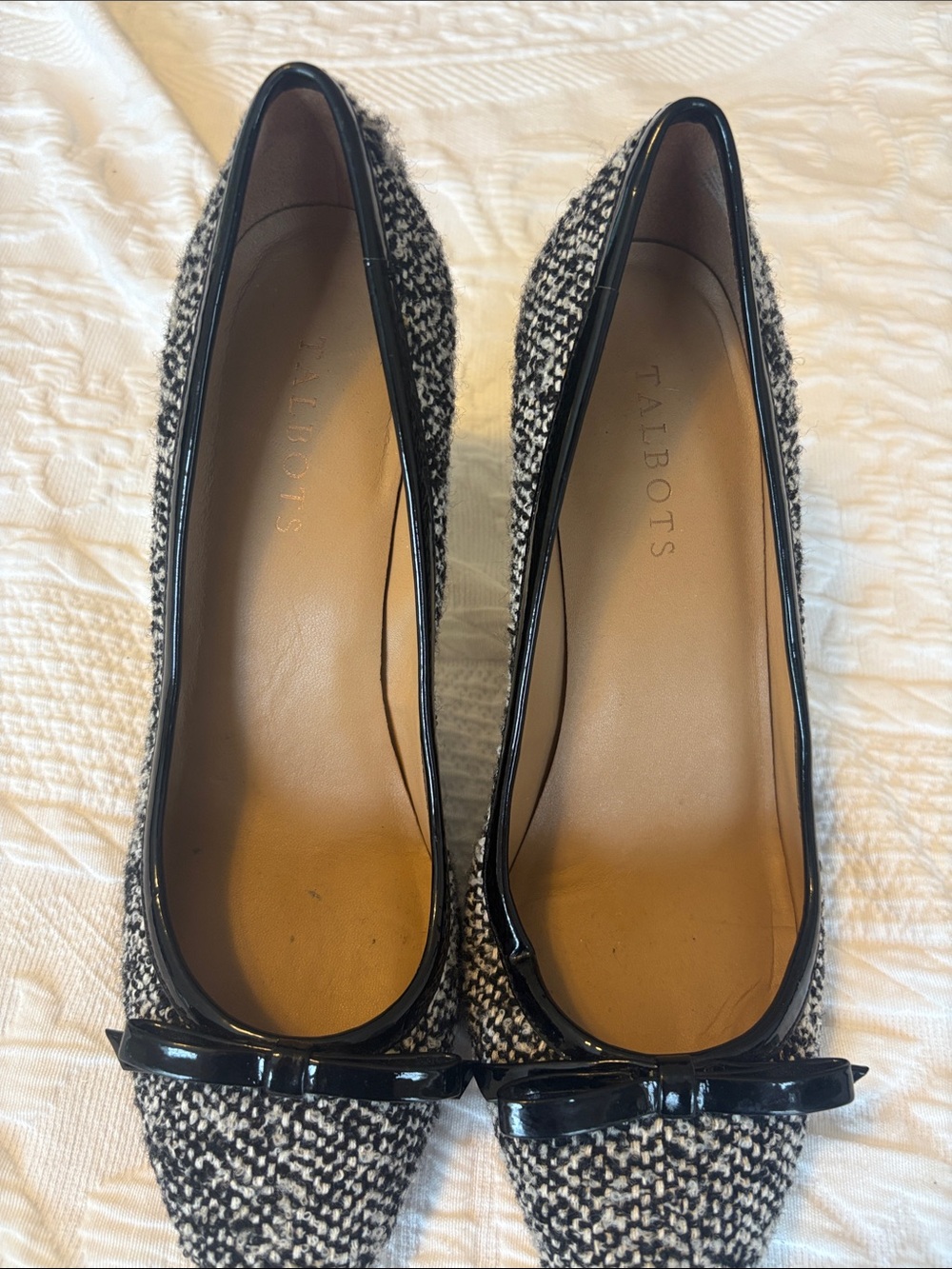Talbots Black & White Tweed Pointed Flats with Patent Bow